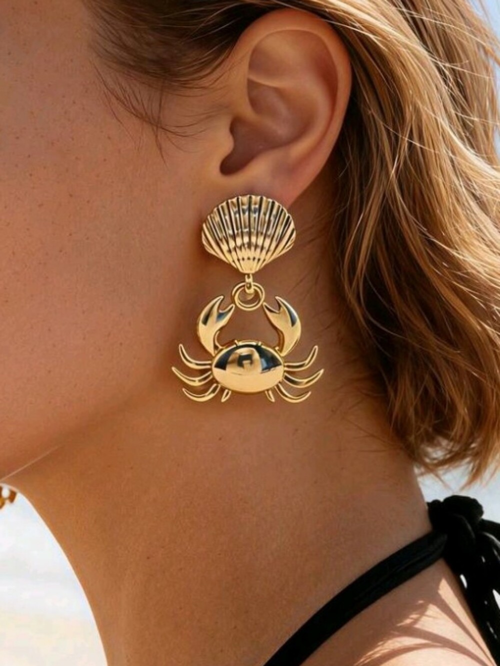 NEW! 14K Gold Plated Crab & Shell Drop Post Earrings - Women Jewelry